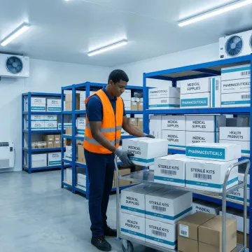 Warehouse staff carefully handling temperature-sensitive health products in a climate-controlled storage facility.