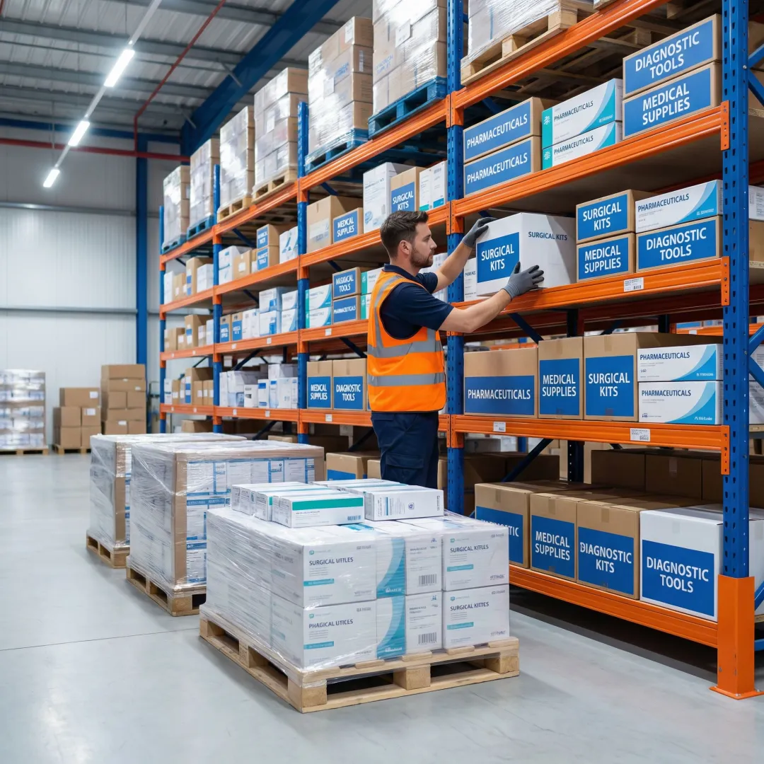 Warehouse staff organizing overflow medical inventory on shelving units during peak season