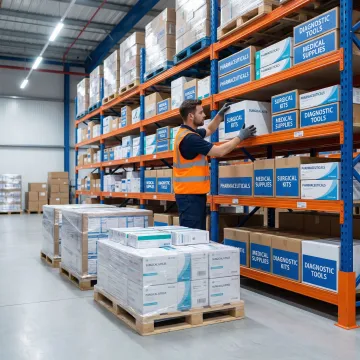 Warehouse staff organizing overflow medical inventory on shelving units during peak season