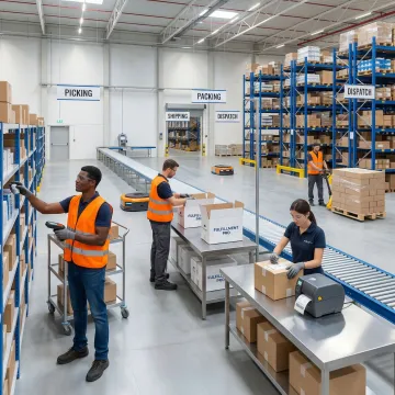 Step-by-step pick and pack fulfillment process in a organized warehouse