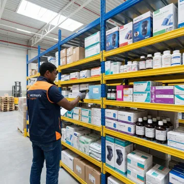 Warehouse worker picking products from shelves for high-SKU order fulfillment