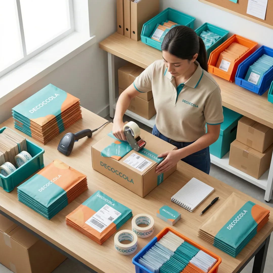 Customized e-commerce order being carefully packed and labeled at a fulfillment center