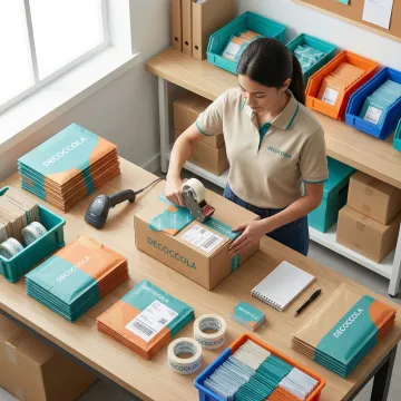 Customized e-commerce order being carefully packed and labeled at a fulfillment center