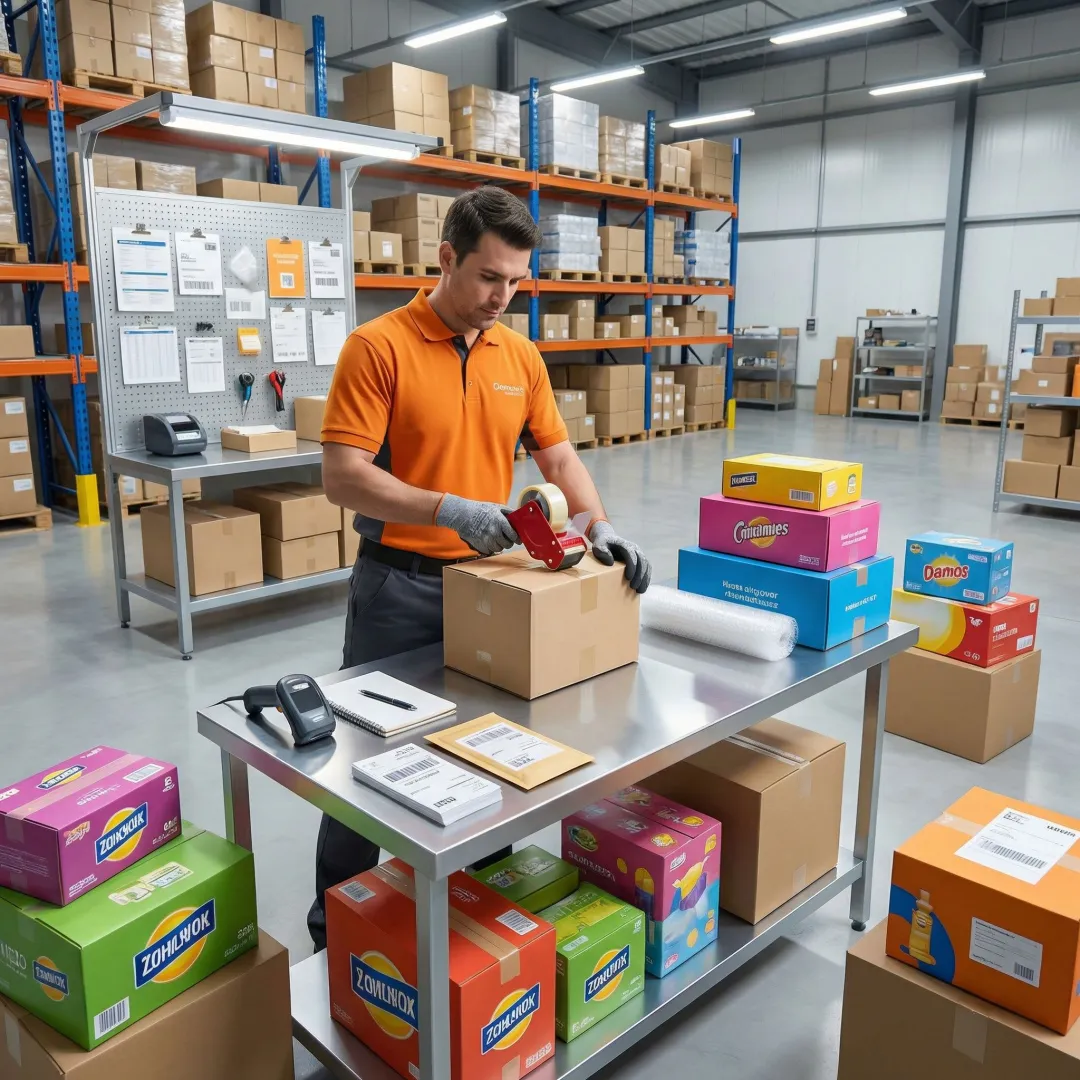 Warehouse staff carefully packaging and labeling consumer goods orders for shipment