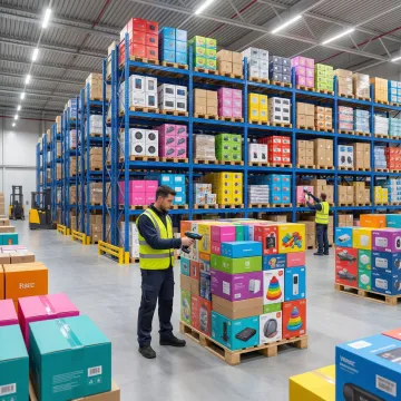 Workers managing consumer goods inventory inside a modern US fulfillment warehouse