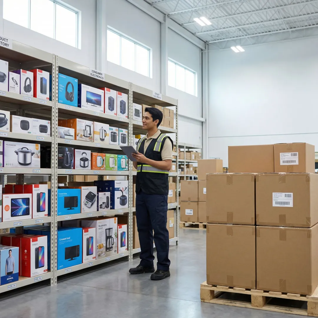 Fulfillment specialist reviewing labeled wholesale product inventory on warehouse shelving ready for retailer distribution.