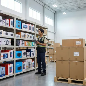 Fulfillment specialist reviewing labeled wholesale product inventory on warehouse shelving ready for retailer distribution.