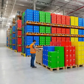 B2B wholesale fulfillment warehouse with organized shelving, labeled medical product boxes, and a worker preparing retailer shipments.