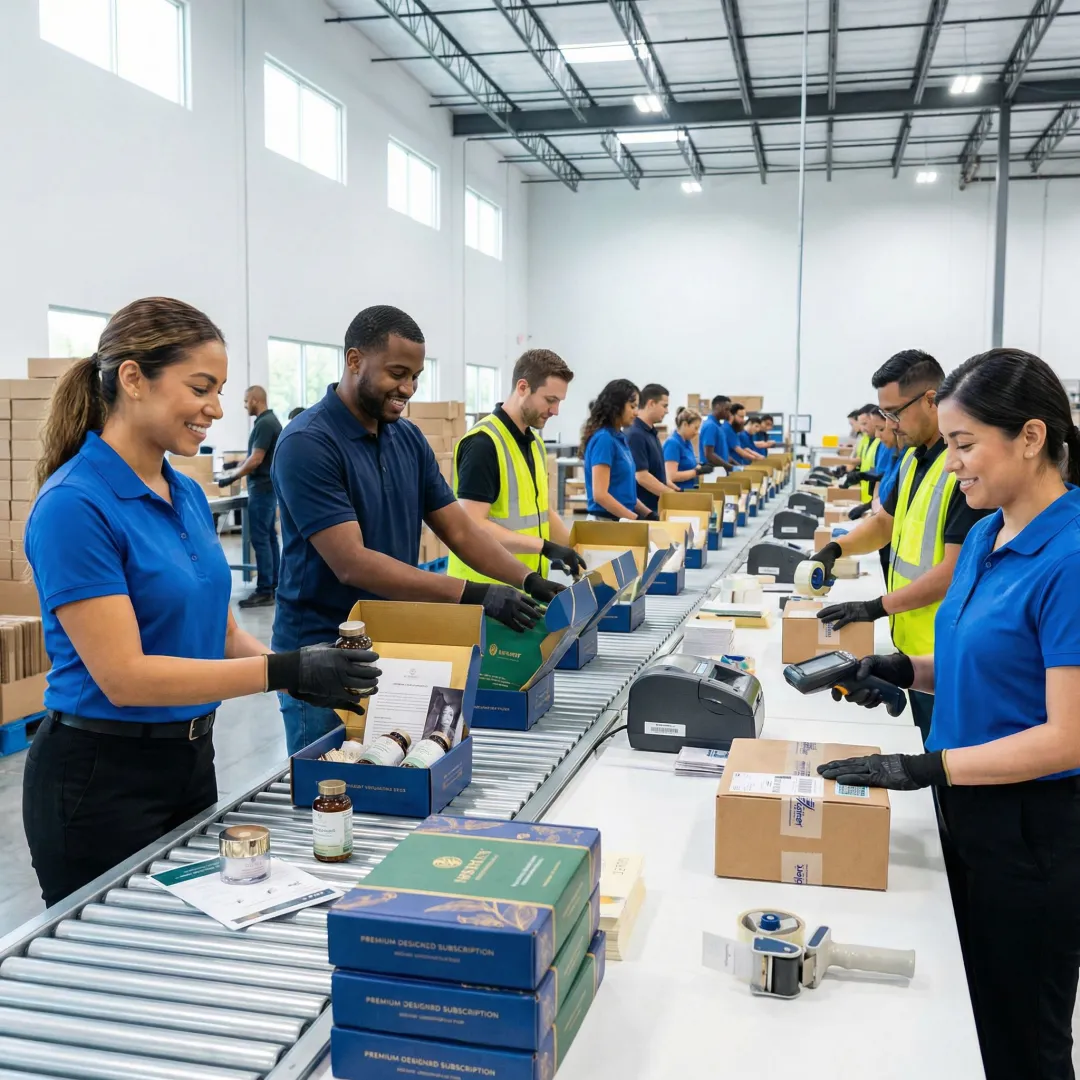 Fulfillment team assembling and labeling health and wellness subscription boxes on a packing line