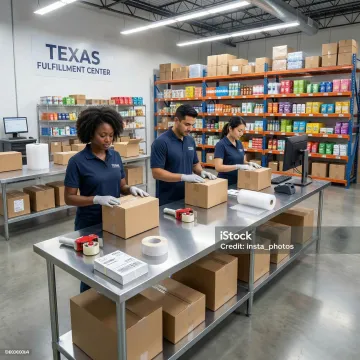 Warehouse team in Texas managing e-commerce fulfillment with packaged medical and fitness products
