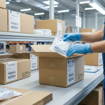 Warehouse staff carefully packing medical supplies for compliant distribution
