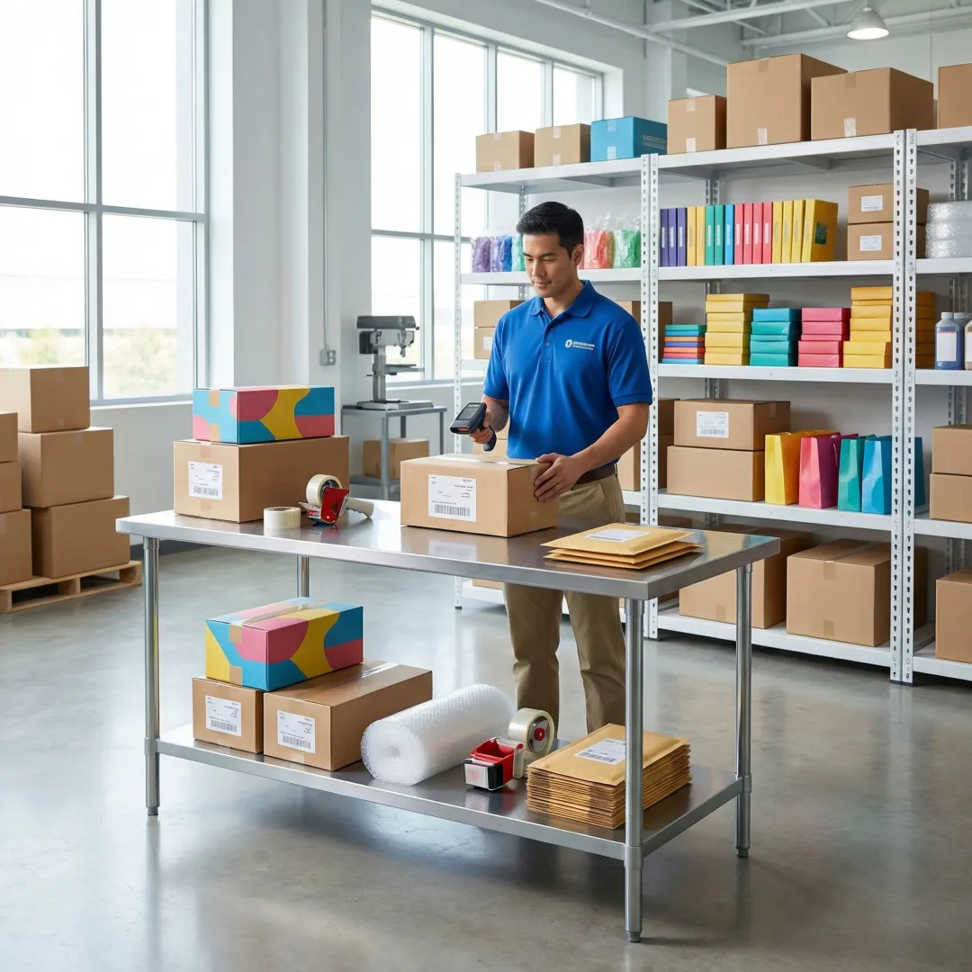 Fulfillment center worker scanning and packaging medical supply orders for e-commerce shipment