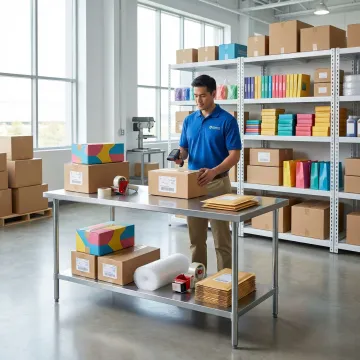 Fulfillment center worker scanning and packaging medical supply orders for e-commerce shipment