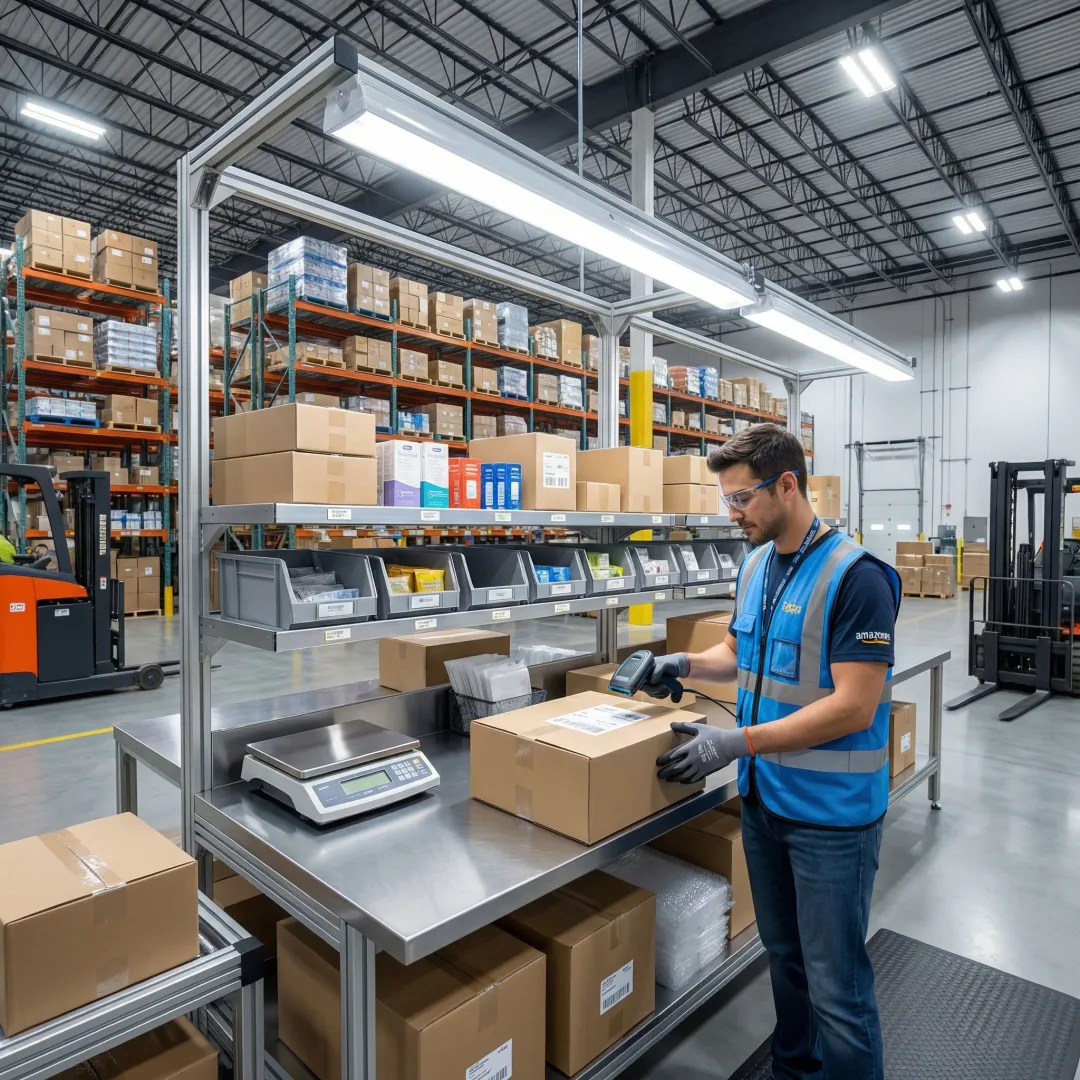 Warehouse worker scanning and processing a DTC customer return