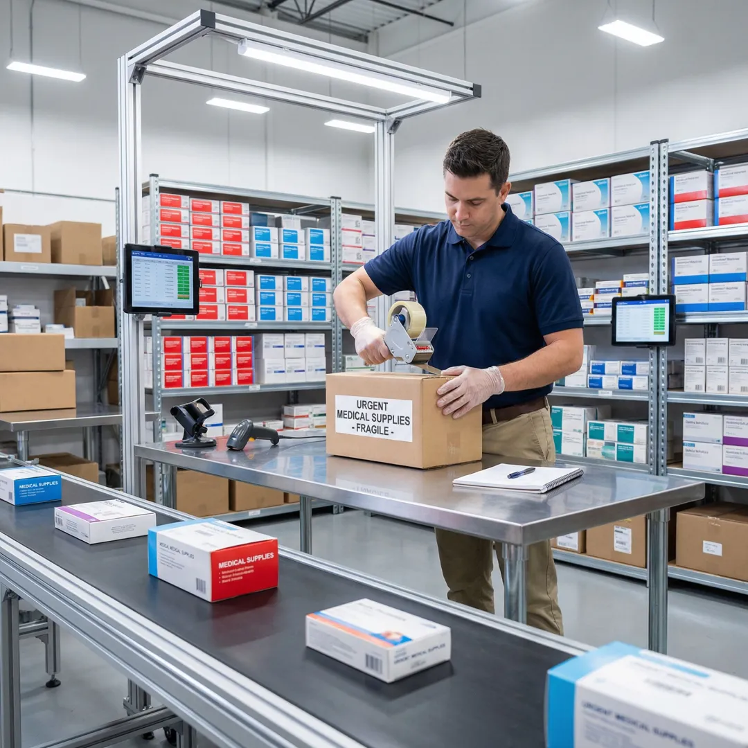 Warehouse worker following a step-by-step fulfillment process, packaging medical supplies for fast East Coast delivery