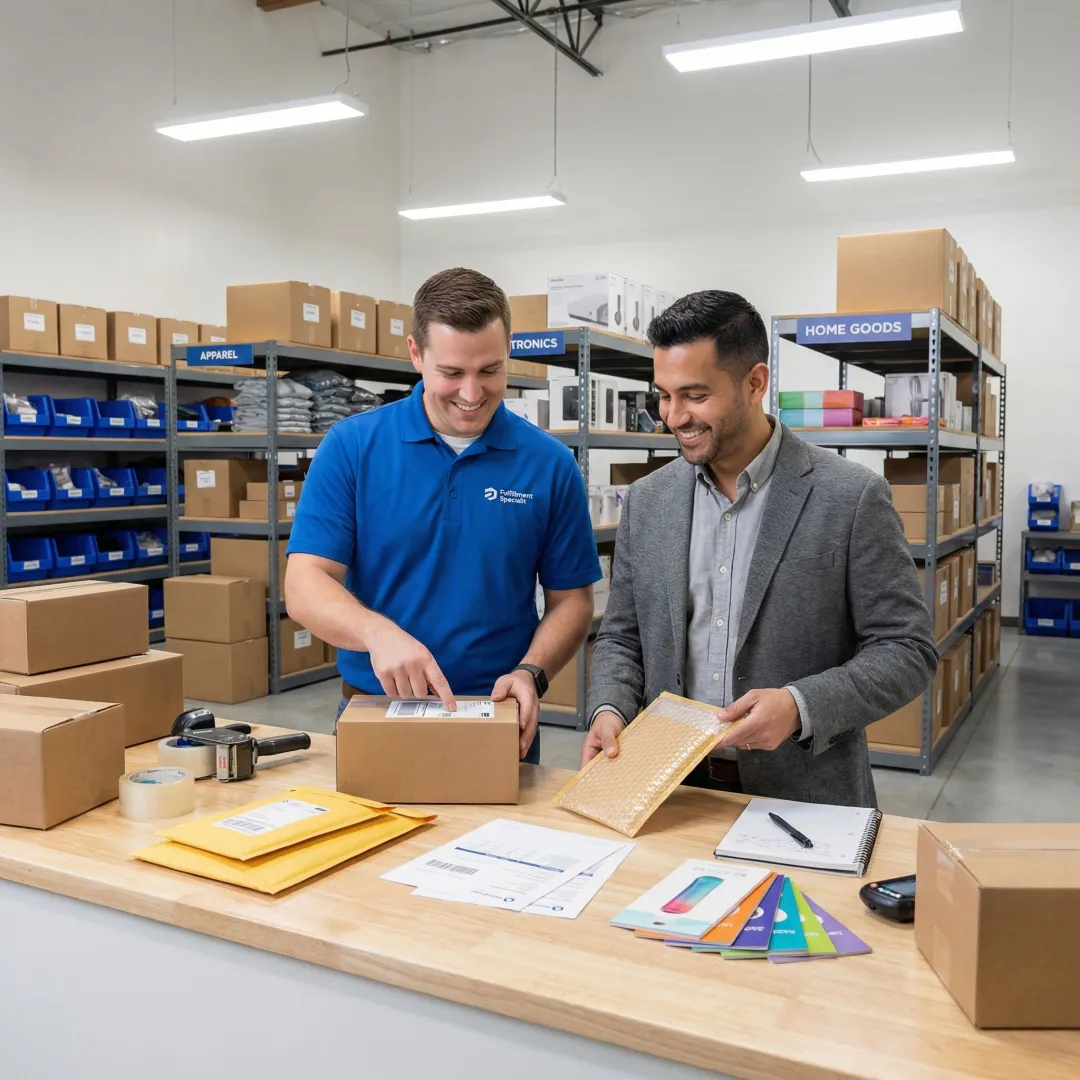 3PL fulfillment specialist reviewing custom packaging and labeling solutions with a client