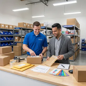 3PL fulfillment specialist reviewing custom packaging and labeling solutions with a client