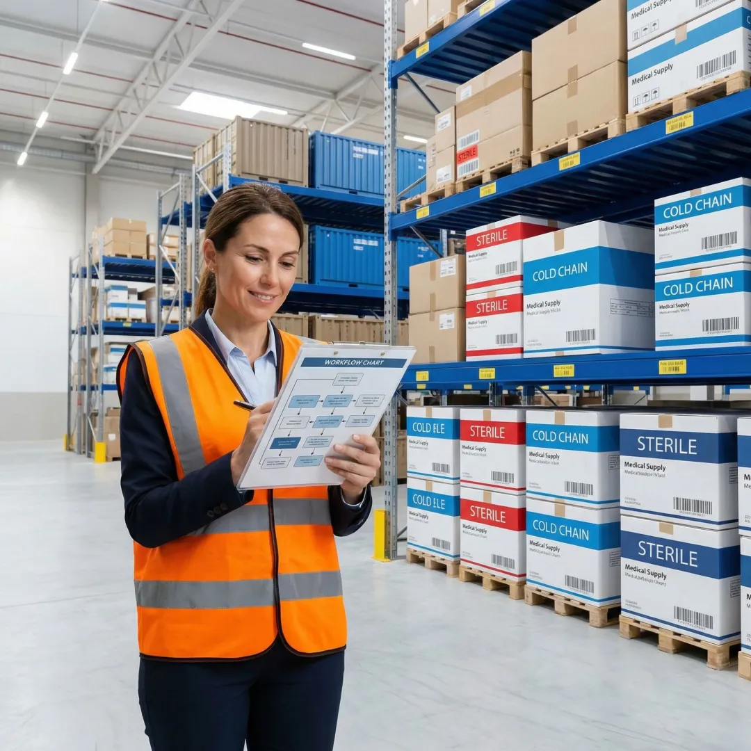 Fulfillment specialist reviewing a logistics workflow plan with packaged medical products on a warehouse shelf