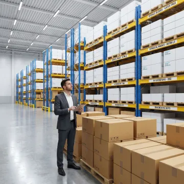 Organized medical fulfillment warehouse with labeled shelves, compliant storage, and a logistics coordinator reviewing inventory
