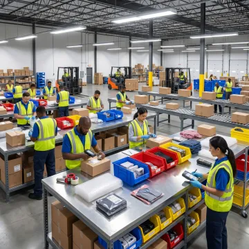 Warehouse staff sorting returned inventory for repackaging