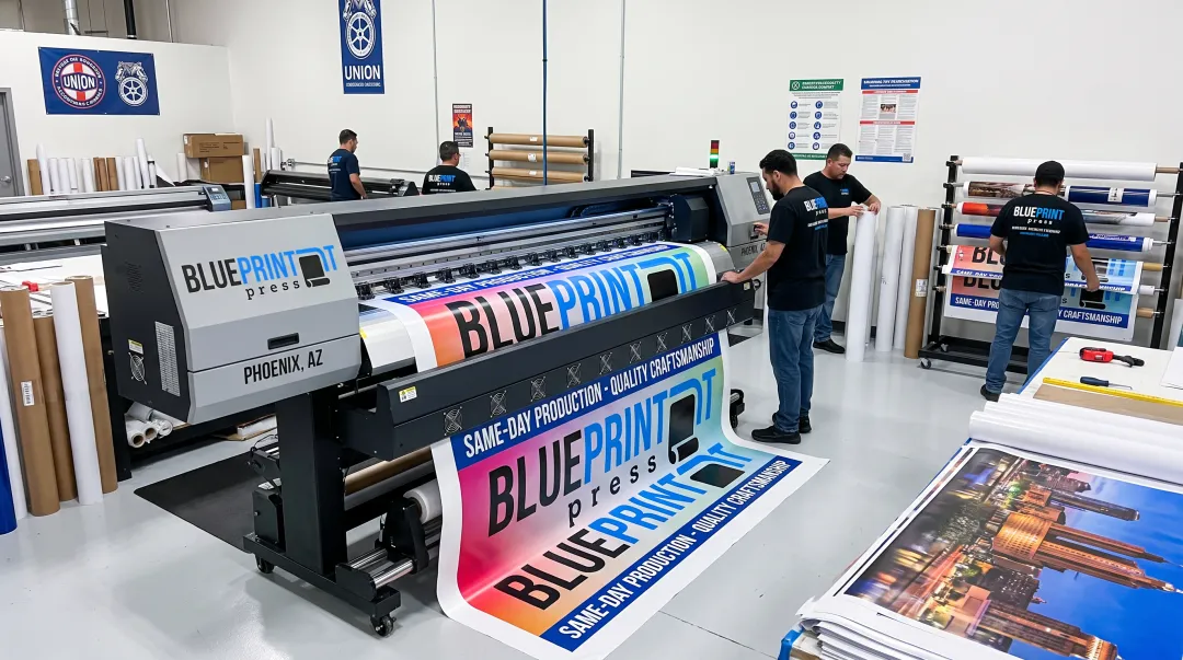 Blueprint Press union print shop production floor with digital banner printing equipment