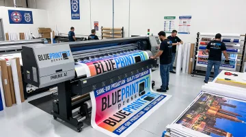Blueprint Press union print shop production floor with digital banner printing equipment