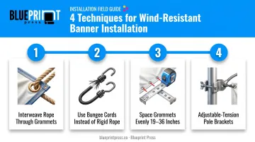 Four installation techniques for wind-resistant banner mounting process