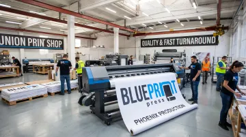 Blueprint Press union print shop producing wide-format vinyl banners