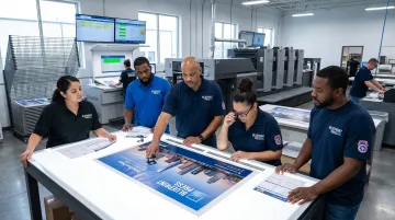 Blueprint Press production team reviewing signage proof before printing