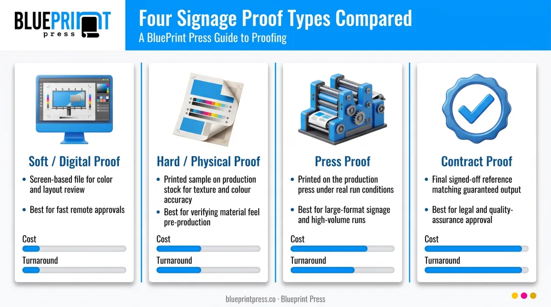 Comparison of four signage proof types soft hard press and contract