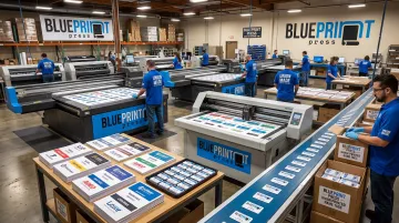Blueprint Press union print facility producing custom name tags
