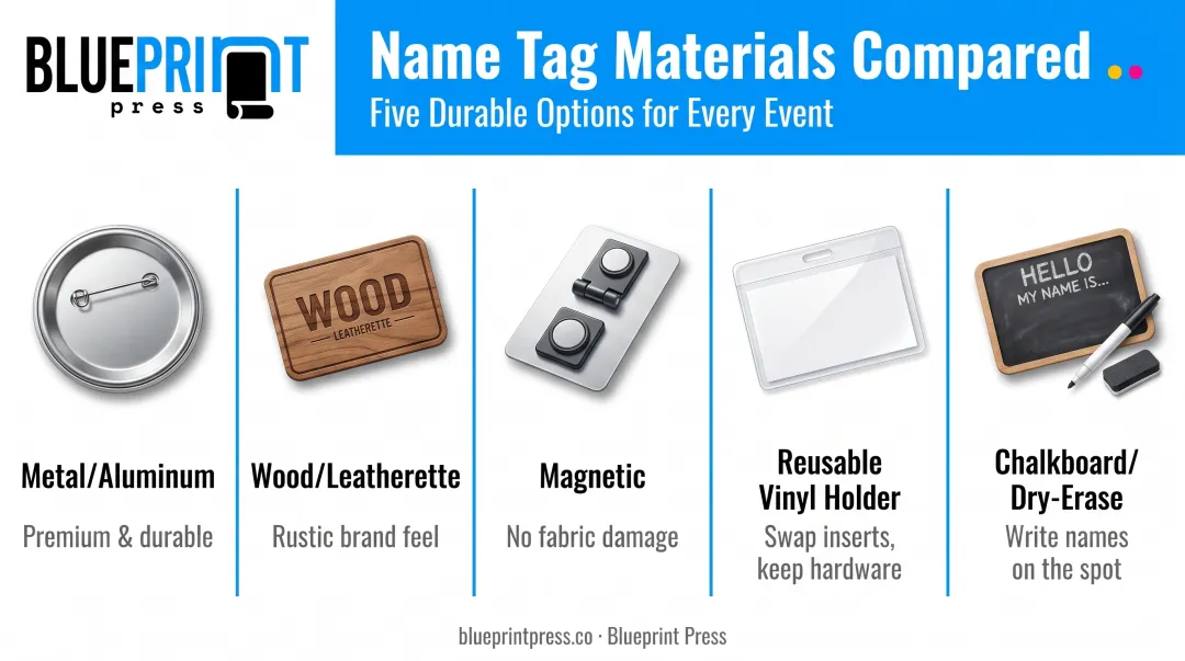 Comparison of five durable name tag materials and styles