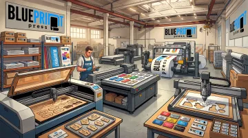 Custom name tag production process at professional union print shop