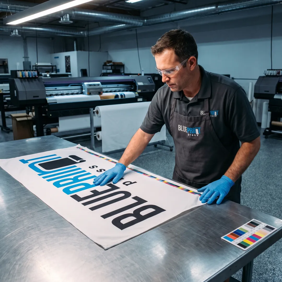 Print specialist preparing a branded tablecloth