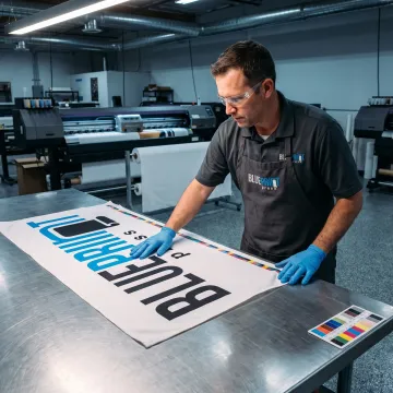 Print specialist preparing a branded tablecloth
