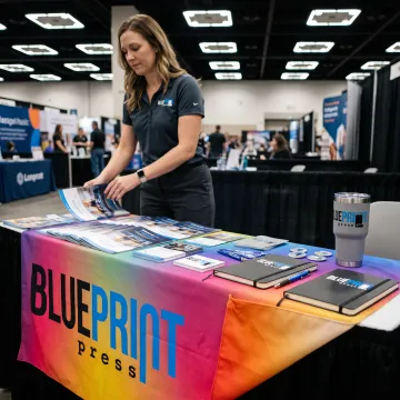 Branded table runner at a trade show display