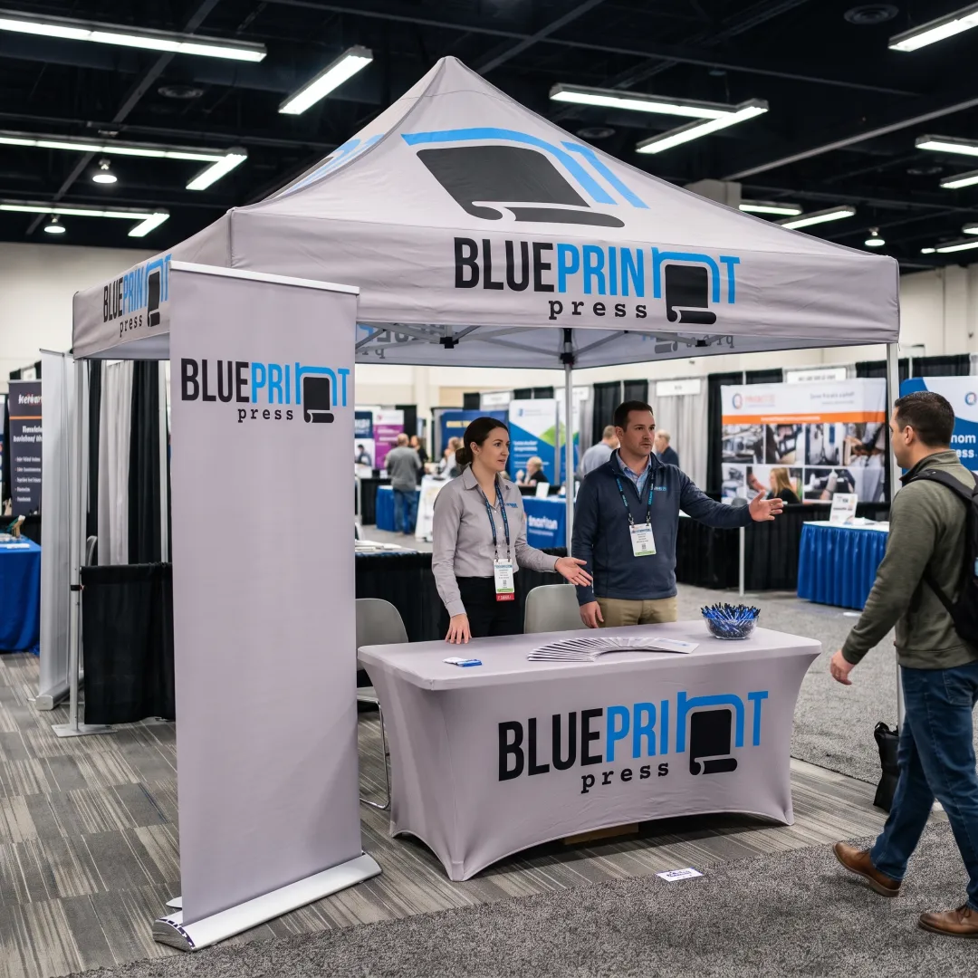 Team using a branded pop up canopy at a trade show