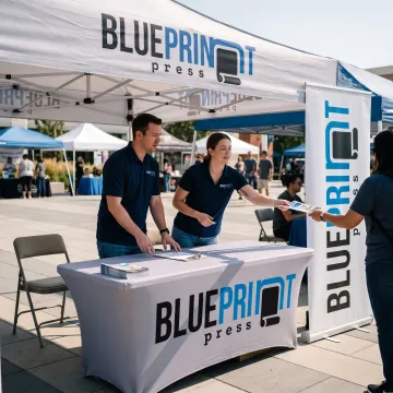 Team standing beneath a branded event canopy