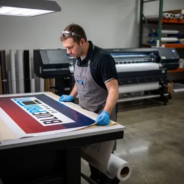 Technician inspecting a large vinyl print