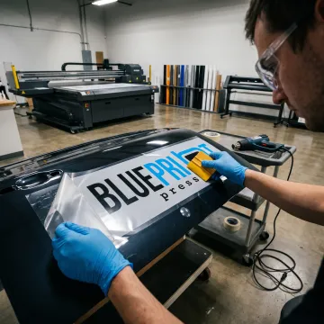 Designer applying a custom vinyl car decal