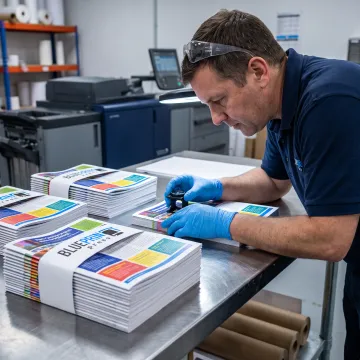 Freshly printed custom newsletters on a production table