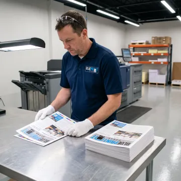 Designer reviewing a colorful printed newsletter