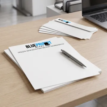 Custom branded business letterhead on a desk