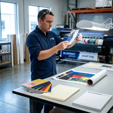 Print specialist reviewing branded presentation materials