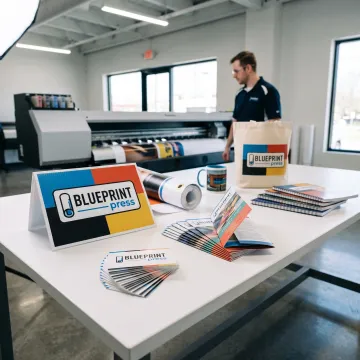 Professionally printed business materials on a worktable
