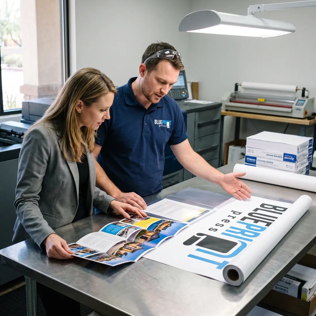 Print specialist reviewing colorful finished materials