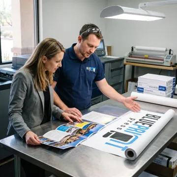Print specialist reviewing colorful finished materials