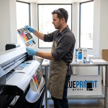 Operator reviewing freshly printed color documents