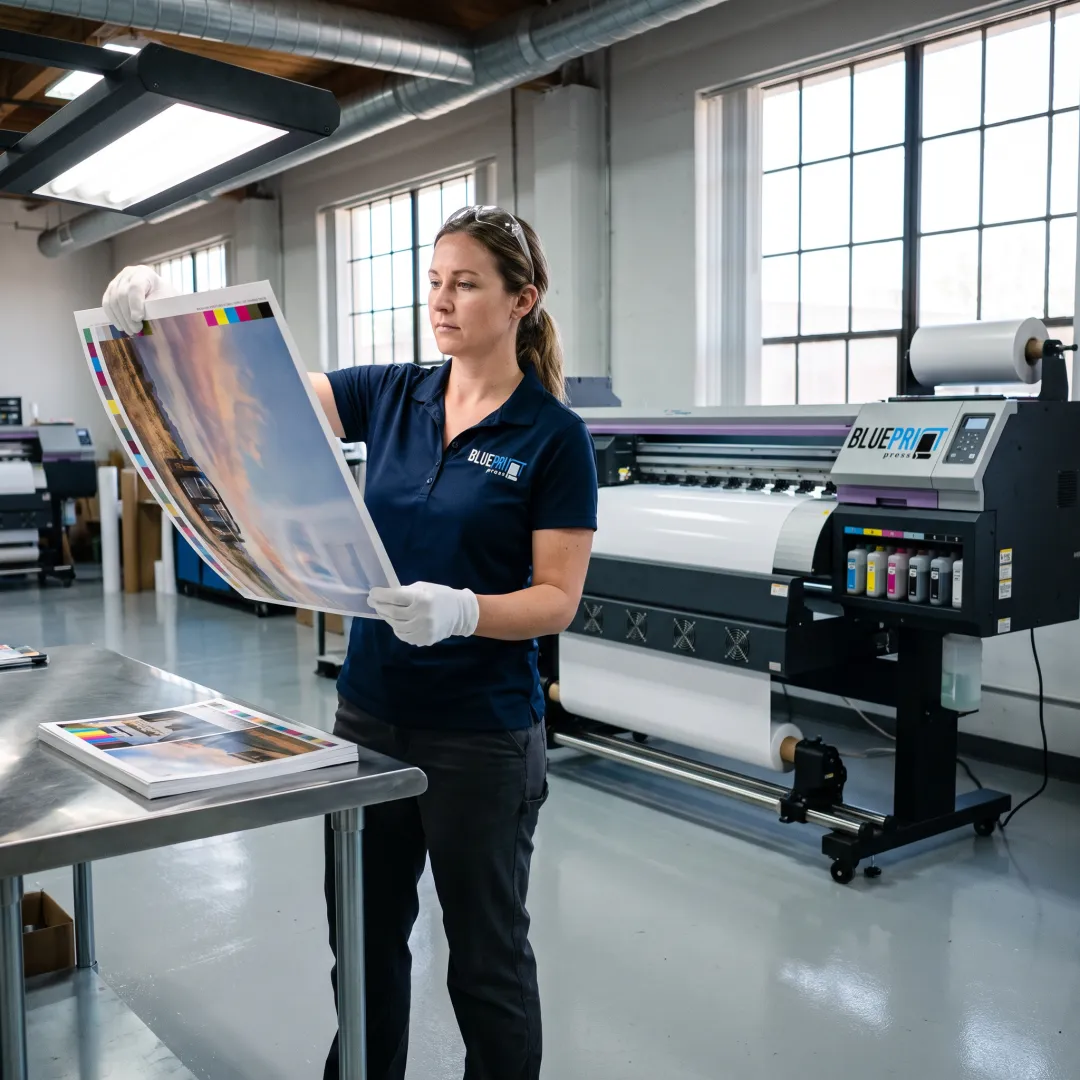 Print professional reviewing a colorful sign proof