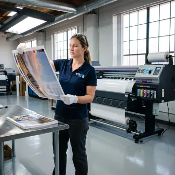 Print professional reviewing a colorful sign proof